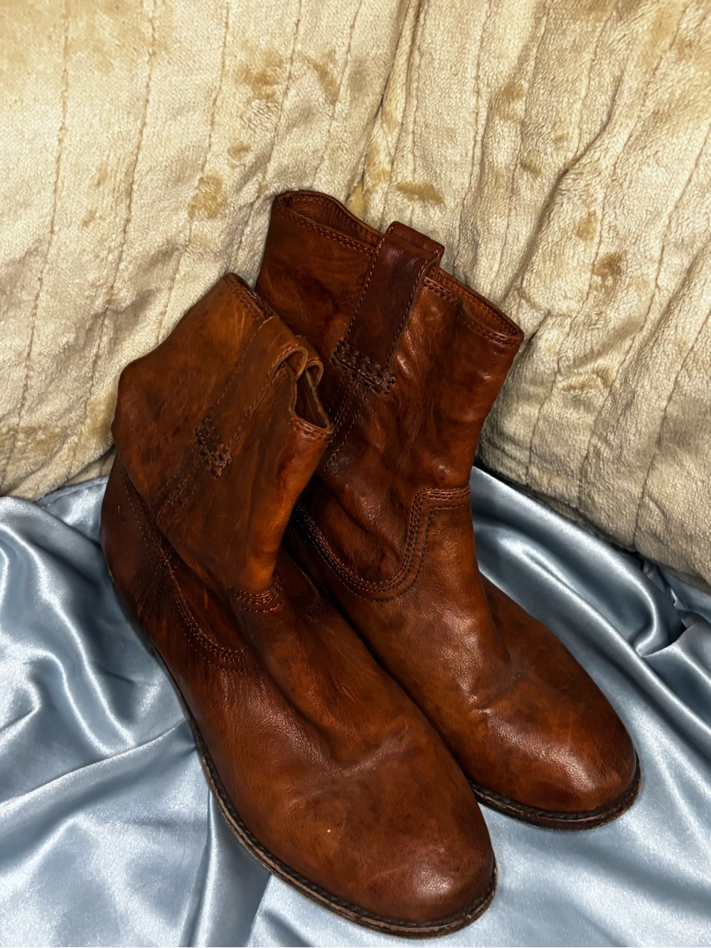 Frye Brown Leather Distressed Pull On Ankle Boots